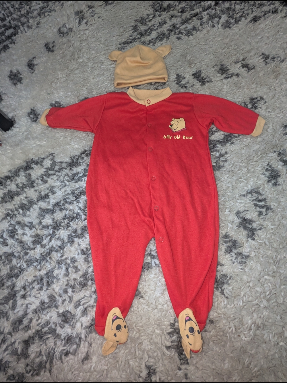 Red 'Silly Old Bear' Baby Footed One-Piece with Beige Bear Hat